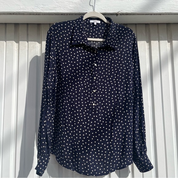 EMERSON FRY navy blue polka dot long puff sleeve button up blouse - Picture 1 of 7